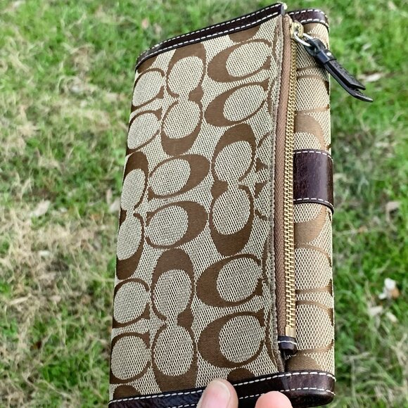 Coach Tri-Fold Wallet in Signature Canvas Khaki, Mahogany - Picture 2 of 9